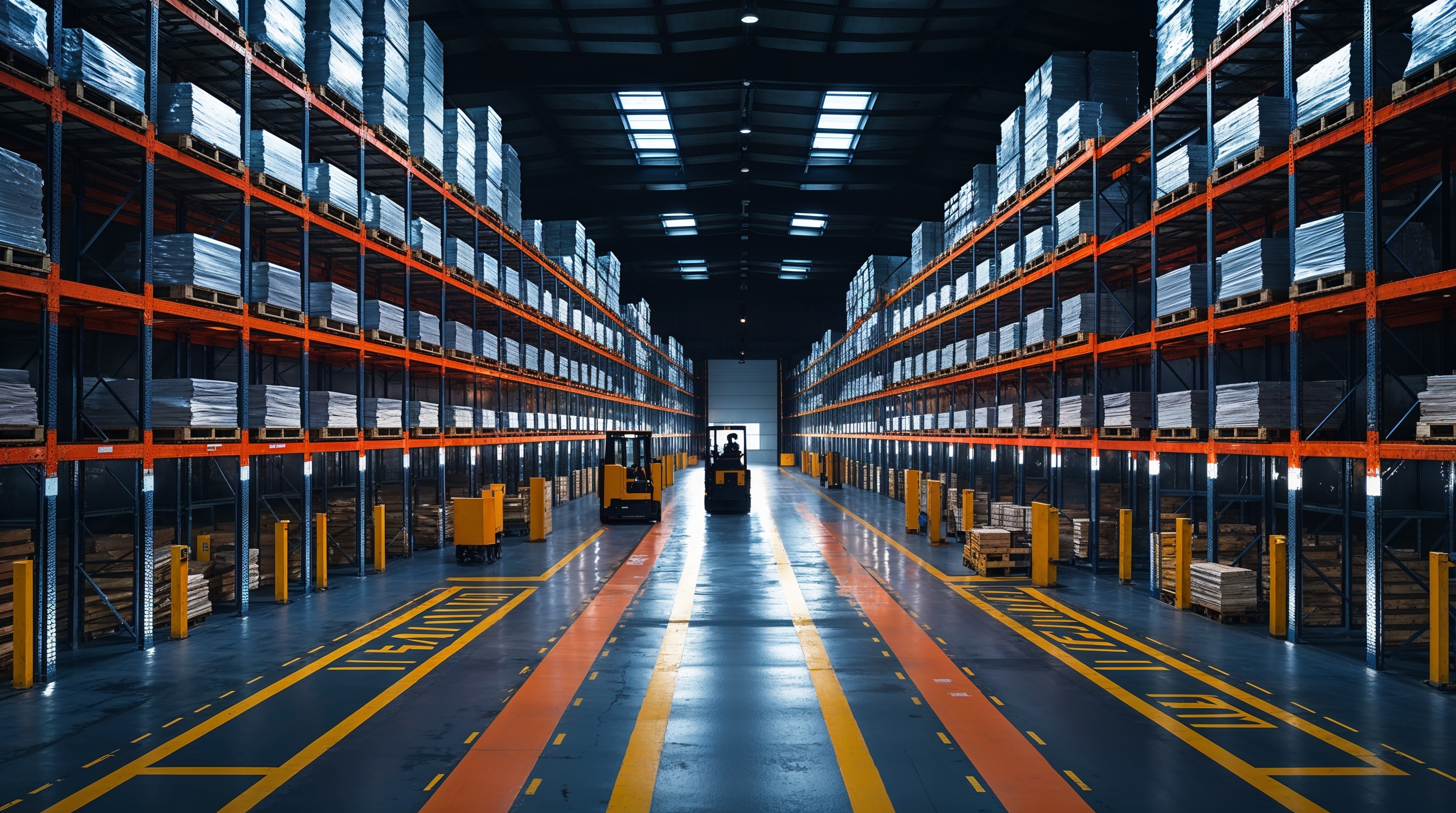 Wnętrze hali magazynowej z regałami i wózkiem widłowym — sprzątanie hal Wrocław