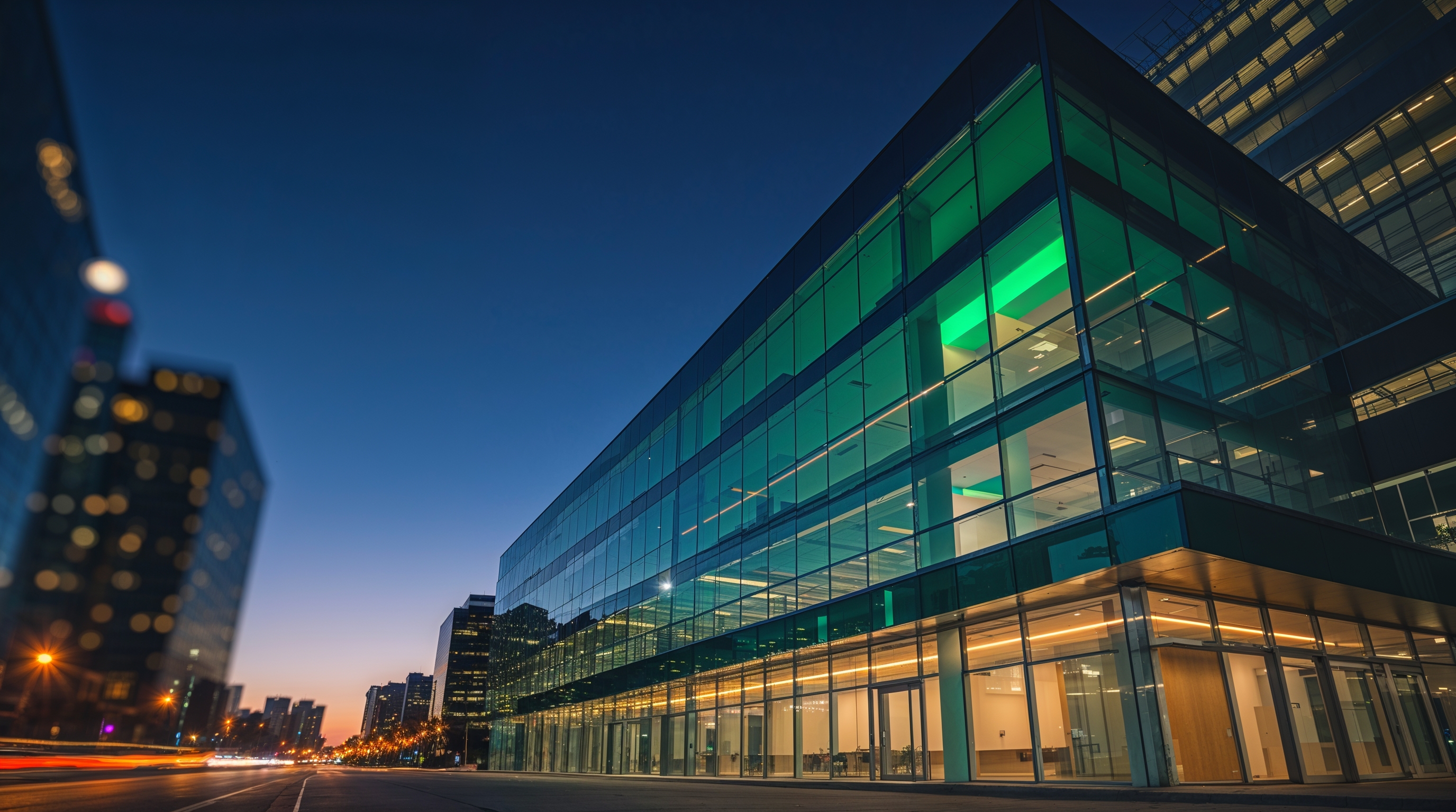 Nowoczesny biurowiec komercyjny nocą — sprzątanie obiektów Wrocław