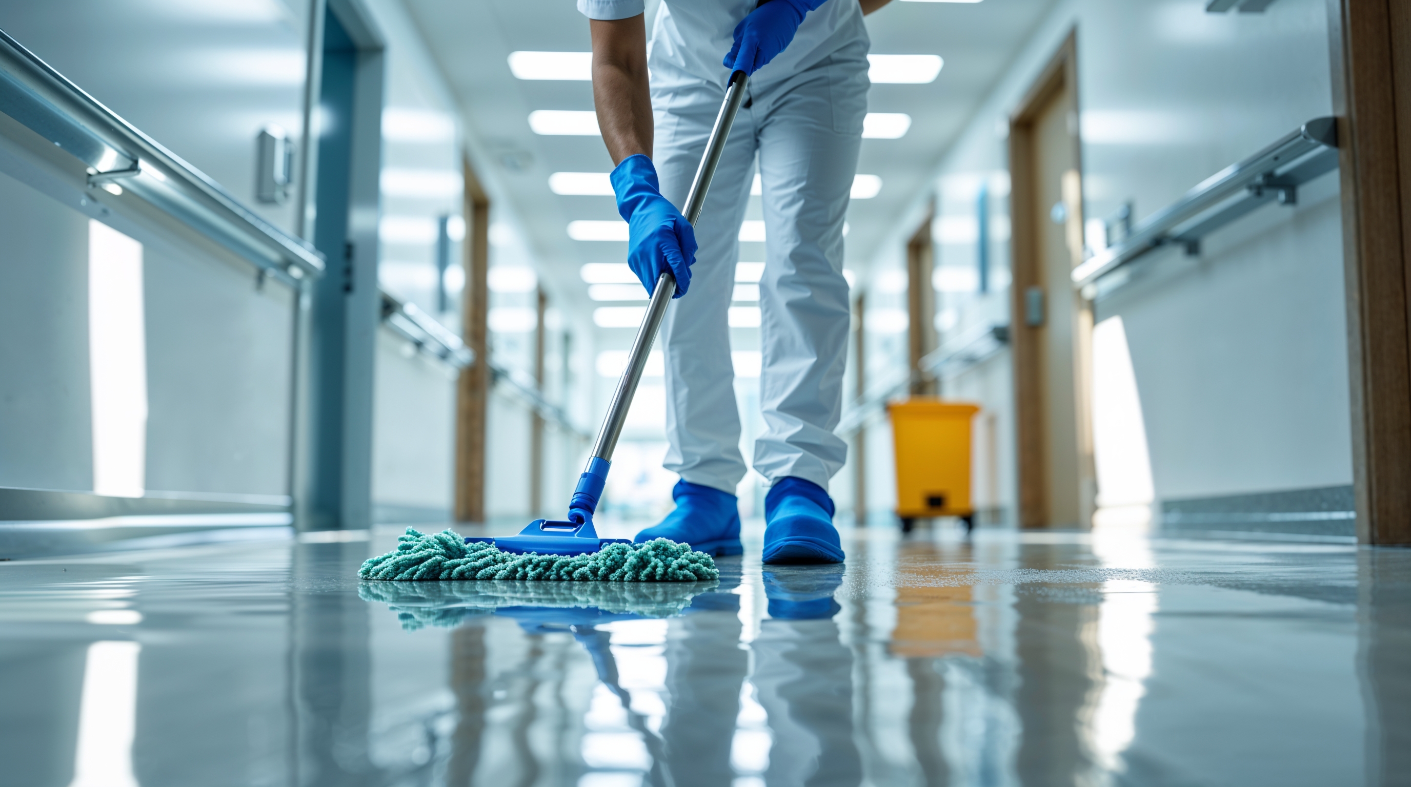 Dezynfekcja gabinetu medycznego — pracownik w sprzęcie ochronnym czyści powierzchnie — Wrocław